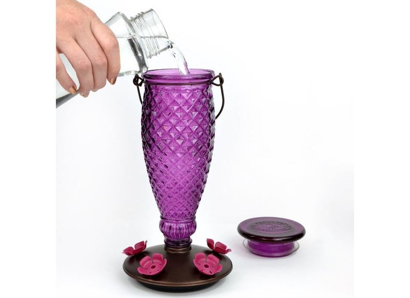 Perky-Pet Diamond Wine Top Fill Glass Hummingbird Feeder with Built-in Bee Guards - Outdoor Garden DÃ©cor - 24 Oz Nectar Capacity - 9102-1SR - Purple Humming bird Feeder - Easy to Fill, Easy to Clean - Image 4